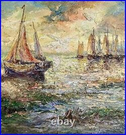 Tableau Ancien Marine Signé Virgile Mafonso- Voiliers Au Coucher Du Soleil HST