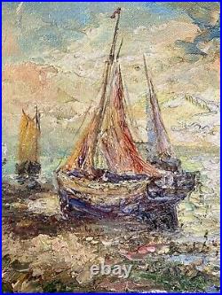 Tableau Ancien Marine Signé Virgile Mafonso- Voiliers Au Coucher Du Soleil HST