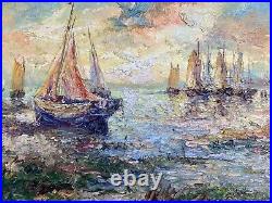 Tableau Ancien Marine Signé Virgile Mafonso- Voiliers Au Coucher Du Soleil HST