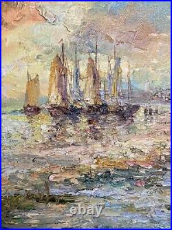 Tableau Ancien Marine Signé Virgile Mafonso- Voiliers Au Coucher Du Soleil HST