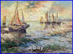 Tableau Ancien Marine Signé Virgile Mafonso- Voiliers Au Coucher Du Soleil HST