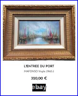 Tableau Ancien Marine Signé Virgile Mafonso- Voiliers Au Coucher Du Soleil HST