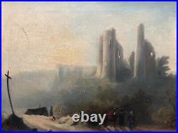 Tableau Ancien, Paysage Animé Au Calvaire, Huile Sur Toile, Peinture, XIXe
