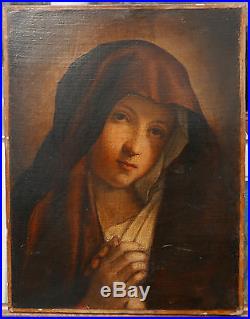 Tableau Ancien Peinture Huile Madone Vierge en Prière XVIIIe siècle à nettoyer