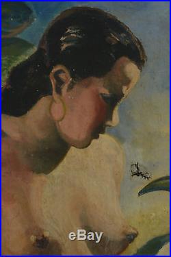 Tableau Ancien Portrait De Jeune Femme Nue Robe Rouge Exotique Calmettes 1920