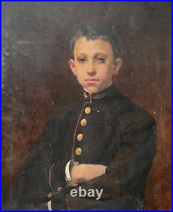 Tableau Ancien, Portrait De Jeune Homme En Uniforme, Huile Sur Toile XIXe