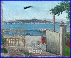 Tableau Ancien Signé, Marseille, Vue De Plage, Huile Sur Toile, Peinture, XXe