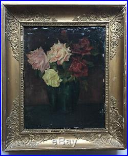 Tableau Ancien XIXe Bouquet de Roses Huile sur toile signée