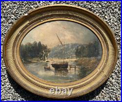 Tableau Ancien XIXe Peinture Huile sur Toile Paysage Côtier Peinture Marine