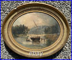 Tableau Ancien XIXe Peinture Huile sur Toile Paysage Lacustre Marine