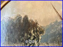 Tableau Ancien XIXe Peinture Huile sur Toile Paysage Lacustre Marine