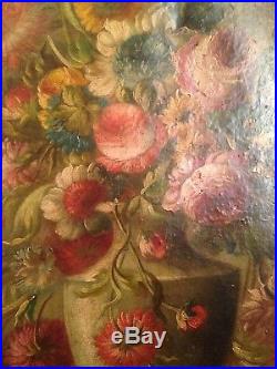 Tableau Ancien XVIIIe XIXe Bouquet de Fleurs dans un vase Médicis 18th 19th