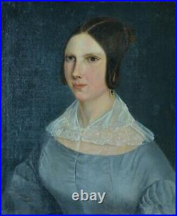 Tableau Ancien élégant Portrait Jeune femme Romantique Robe Bleu dentelle HST