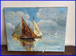 Tableau Ancien huile sur toile D P (début XXe-s) marine