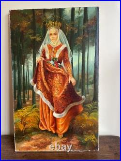 Tableau Ancien huile sur toile Y. Desadeleer (début XXe-s) scène pieuse sainte
