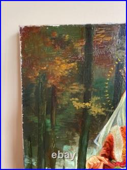 Tableau Ancien huile sur toile Y. Desadeleer (début XXe-s) scène pieuse sainte