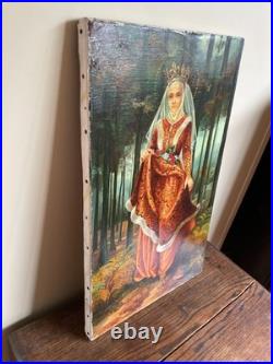 Tableau Ancien huile sur toile Y. Desadeleer (début XXe-s) scène pieuse sainte