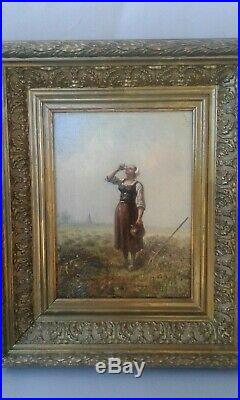 Tableau Ancien huile sur toile femme 1894 / Old painting 19 ème