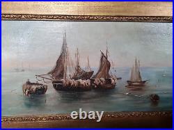 Tableau Ancien, huile sur toile marine, barques de pêches
