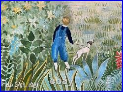 Tableau Art Naif chasse à courre chiens peinture signée Françoise De Gail