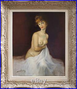 Tableau Femme nue posant de 3/4 sur un lit avec drappé signé (circa 1950)