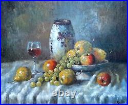 Tableau Huile Edouard MALLET XX°Nature Morte Vase Vin Fruits