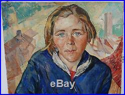 Tableau Huile Portrait Jeune Fille Paysage Cubiste CAROLA MACHOTKA Tchèque 1929