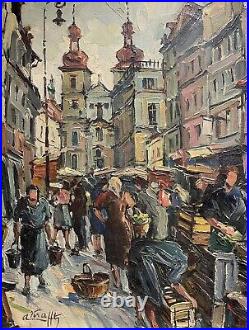Tableau Huile sur toile Le Marché de Prague Signé André KRAFFT Prague Market