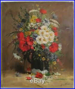 Tableau Huile / toile Nature morte Bouquet de fleurs par Henri de Bréval XIXe