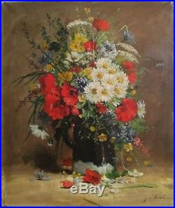 Tableau Huile / toile Nature morte Bouquet de fleurs par Henri de Bréval XIXe