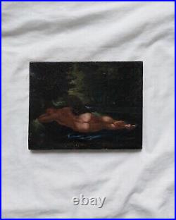 Tableau Nu milieu XIX signé à identifier huile sur toile paysage femme curiosa
