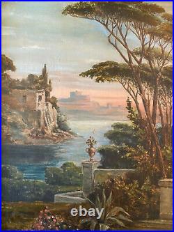 Tableau Paysage d'Italie  Marine avec fortification XIX° siècle + cadre