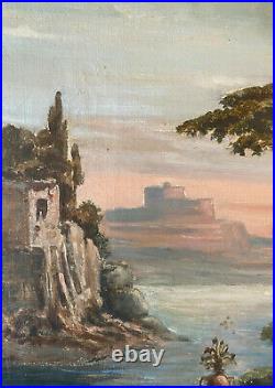 Tableau Paysage d'Italie  Marine avec fortification XIX° siècle + cadre