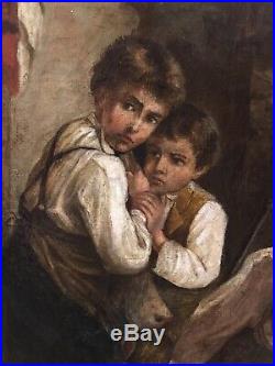 Tableau Peinture 19è XIXè Scène de genre Paysannerie Animaux Enfants rare ancien