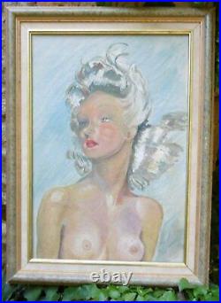 Tableau Portrait Parisienne Nue en Buste Pin-up Pomponnée-vintage 1950-1960