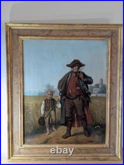 Tableau Vers 1850 Homme En Costume D'alsace & Garçon Sur Chemin D'un Village
