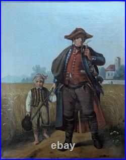 Tableau Vers 1850 Homme En Costume D'alsace & Garçon Sur Chemin D'un Village