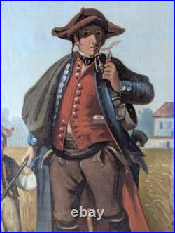 Tableau Vers 1850 Homme En Costume D'alsace & Garçon Sur Chemin D'un Village