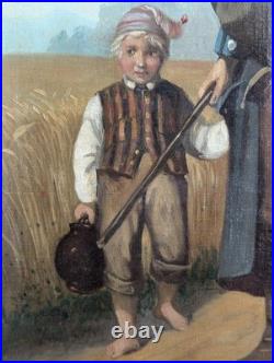 Tableau Vers 1850 Homme En Costume D'alsace & Garçon Sur Chemin D'un Village