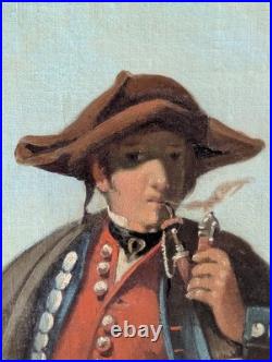 Tableau Vers 1850 Homme En Costume D'alsace & Garçon Sur Chemin D'un Village