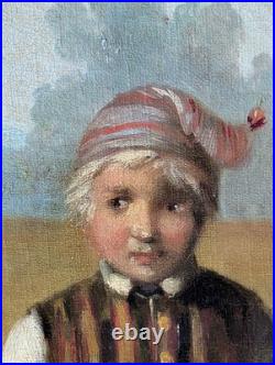 Tableau Vers 1850 Homme En Costume D'alsace & Garçon Sur Chemin D'un Village