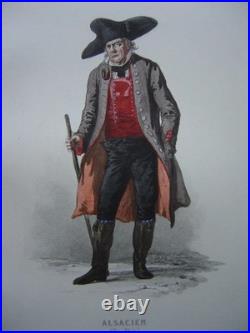 Tableau Vers 1850 Homme En Costume D'alsace & Garçon Sur Chemin D'un Village