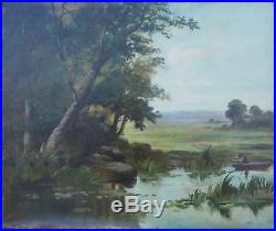 Tableau XIX° paysage lacustre, bord de rivière avec pêcheur Barbizon