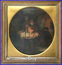 Tableau XIX° siècle en Clair-obscur jeune fille à la lanterne + cadre d'époque