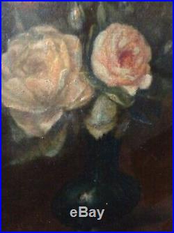 Tableau XIXe Bouquet de Roses anciennes Huile /Toile signée proche Alfred ROUBY