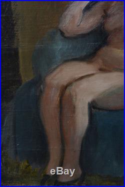 Tableau ancien Art Deco hst Portrait Femme Nu Assis Fauteuil Bleu Fernand SIMEON