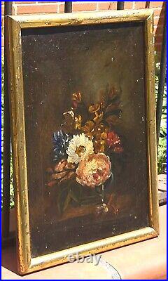 Tableau ancien Bouquet de Fleurs Pêches Peinture huile sur toile Style XlX °