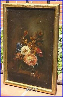 Tableau ancien Bouquet de Fleurs Pêches Peinture huile sur toile Style XlX °