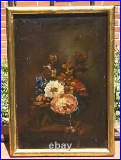 Tableau ancien Bouquet de Fleurs Pêches Peinture huile sur toile Style XlX °