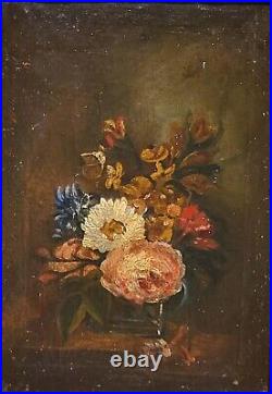 Tableau ancien Bouquet de Fleurs Pêches Peinture huile sur toile Style XlX °